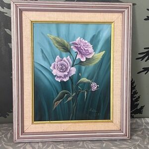 Vintage Kori Signed 1993 Purple Roses Oil Painting Framed Floral Art 14x11